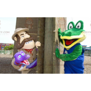 2 BIGGYMONKEY™s maskot en grønn krokodille og en oppdagelsesreisende som holder en slange - Krokodille maskot - BiggyMonkey.com