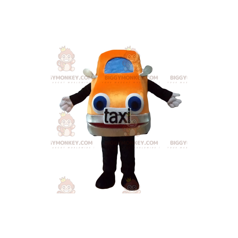 Costume mascotte BIGGYMONKEY™ taxi auto gigante arancione e blu Costume mascotte BIGGYMONKEY™ taxi auto gigante arancione e blu