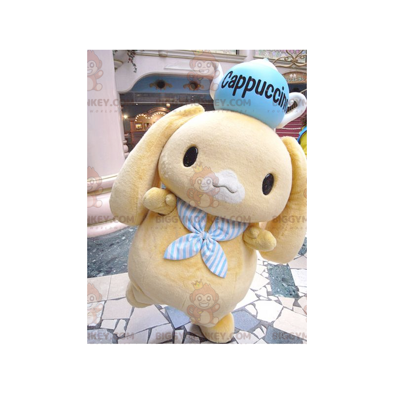 Disfraz de mascota BIGGYMONKEY™ Conejito amarillo con tetera en Disfraz de mascota BIGGYMONKEY™ Conejito amarillo con tetera en
