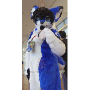 Costume mascotte BIGGYMONKEY™ gatto bianco e nero blu -