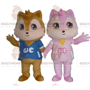 2 mascotes esquilos BIGGYMONKEY™s, um marrom e o outro rosa –