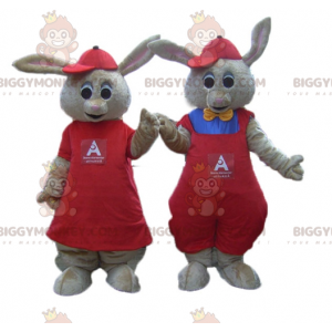 2 BIGGYMONKEY™s mascote de coelhos marrons vestidos de vermelho