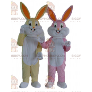 2 coelhos mascote BIGGYMONKEY™s um amarelo e branco e um rosa e