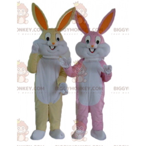 2 BIGGYMONKEY™s maskotkaniner en gul og hvit og en rosa og hvit - Kanin maskot - BIGGYMONKEY_04417 - BiggyMonkey.com