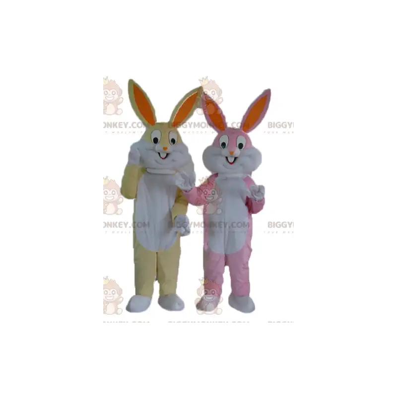 Duo de mascottes BIGGYMONKEY™ de lapins un jaune et blanc et un Duo de mascottes BIGGYMONKEY™ de lapins un jaune et blanc et un