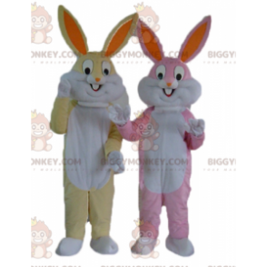 2 BIGGYMONKEY™s maskotkaniner en gul og hvit og en rosa og hvit - Kanin maskot - BIGGYMONKEY_04417 - BiggyMonkey.com