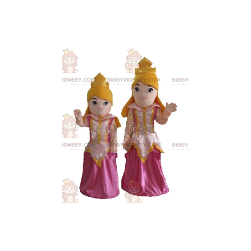 BIGGYMONKEY™-maskotti blondeja prinsessoja vaaleanpunaisissa