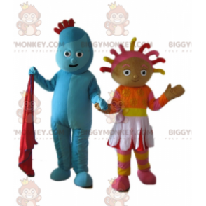 2 maskot BIGGYMONKEY™s en av blå man den andra av färgad tjej -