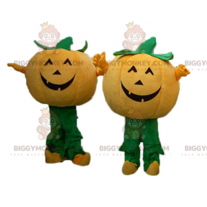 2 BIGGYMONKEY™s maskot av oransje og grønne gresskar til Halloween - Grønnsaksmaskot - BIGGYMONKEY_04430 - BiggyMonkey.com