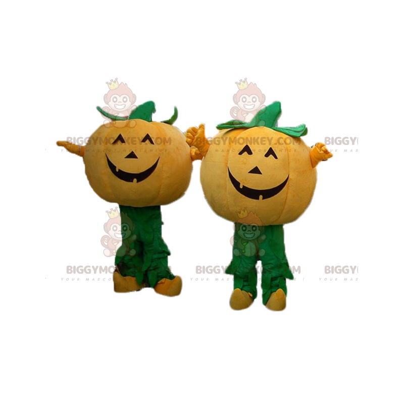 2 BIGGYMONKEY™s maskot av oransje og grønne gresskar til Halloween - Grønnsaksmaskot - BIGGYMONKEY_04430 - BiggyMonkey.com