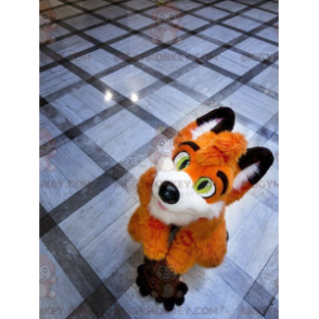 Traje de mascote BIGGYMONKEY™ de raposa branca e preta laranja