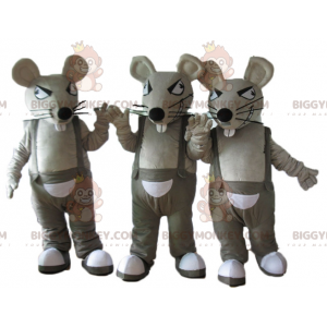 3 BIGGYMONKEY™s mascot gray and white rats in overalls -