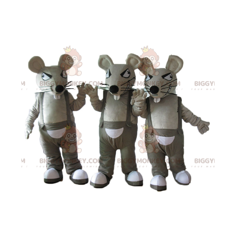 3 BIGGYMONKEY™s maskot grå og hvite rotter i kjeledress - Musemaskot - BIGGYMONKEY_04449 - BiggyMonkey.com