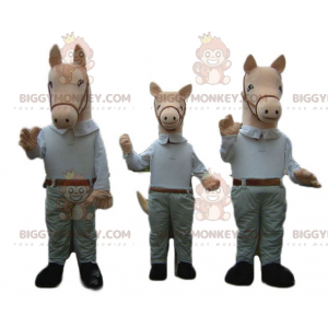 3 BIGGYMONKEY™s horse mascots dressed in shirt and pants -