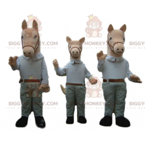 3 mascotas de caballos BIGGYMONKEY™ vestidas con camisa y