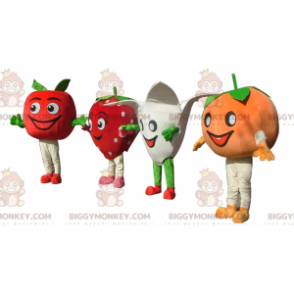 4 BIGGYMONKEY™s maskot en tomat en jordbær en blomst og en mandarin - Frukt maskot - BIGGYMONKEY_04458 - BiggyMonkey.com