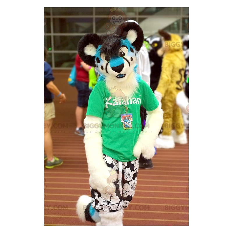 Traje de mascote Jaguar Cheetah BIGGYMONKEY™ azul branco e Traje de mascote Jaguar Cheetah BIGGYMONKEY™ azul branco e