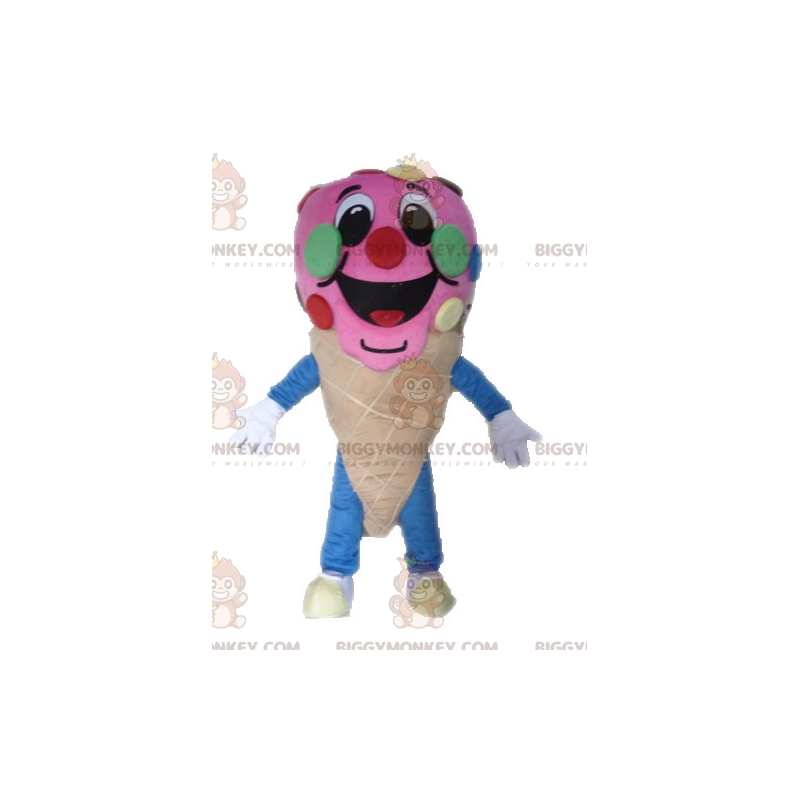 Traje de mascote de casquinha de sorvete rosa BIGGYMONKEY™. Traje de mascote de casquinha de sorvete rosa BIGGYMONKEY™.