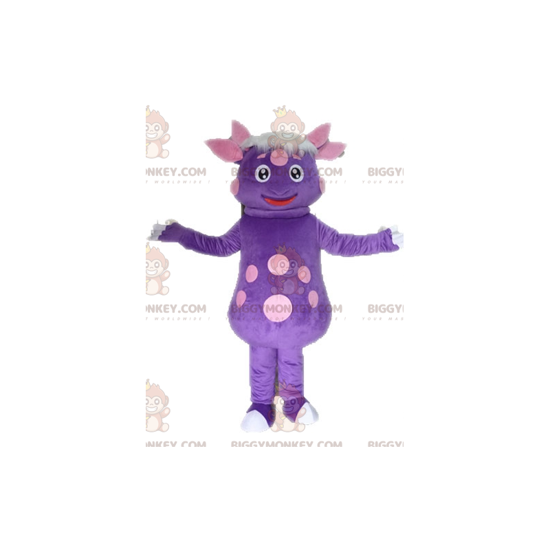 BIGGYMONKEY™ mascottekostuum met stippen dinosaurus. Paars BIGGYMONKEY™ mascottekostuum met stippen dinosaurus. Paars