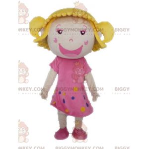BIGGYMONKEY™ Maskottchen Kostüm blondes Mädchen mit rosa Kleid