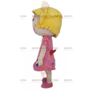 BIGGYMONKEY™ Mascottekostuum Blond meisje met roze jurk -