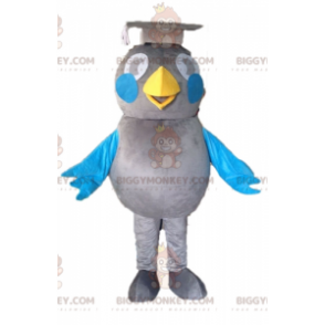 BIGGYMONKEY™ mascot costume of gray and blue bird. Graduate