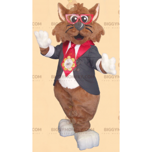 Brown Cat BIGGYMONKEY™ Mascot Costume with Glasses and Tie Suit