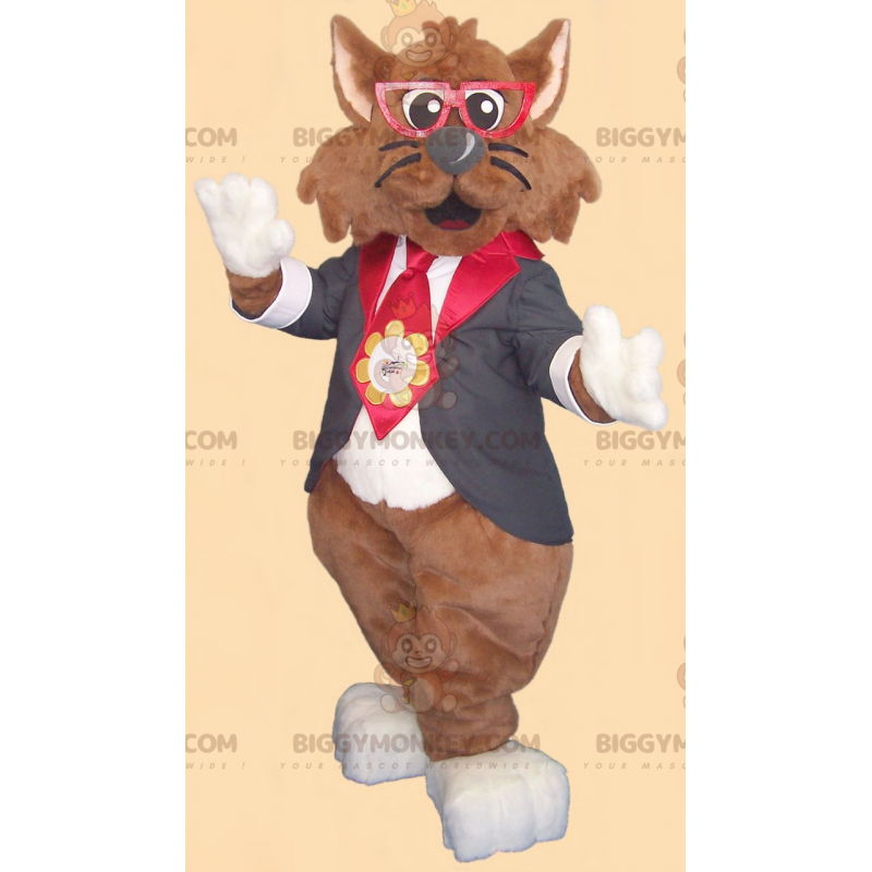 Bruine kat BIGGYMONKEY™ mascottekostuum met bril en