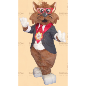 Brun katt BIGGYMONKEY™ maskotdräkt med glasögon och slipsdräkt