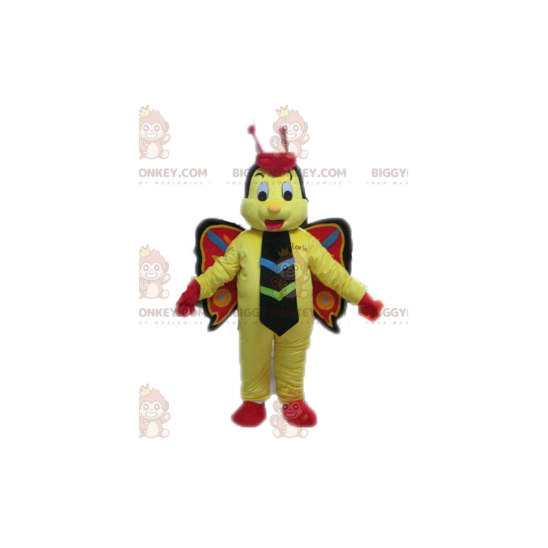 Traje de mascote amarelo borboleta vermelha e preta Traje de mascote amarelo borboleta vermelha e preta