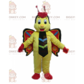 Traje de mascote amarelo borboleta vermelha e preta