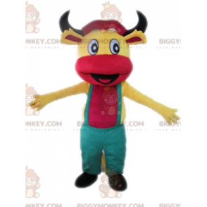 Gul og rosa ku BIGGYMONKEY™ maskotkostyme med kjeledress - Kumaskot - BIGGYMONKEY_04586 - BiggyMonkey.com