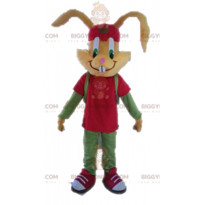 Kostým maskota hnědého králíka BIGGYMONKEY™ v červené a zelené