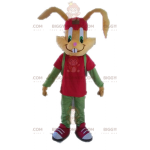 Στολή μασκότ Brown Rabbit BIGGYMONKEY™ ντυμένη σε κόκκινο και