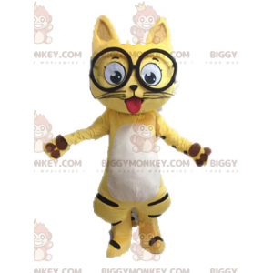 BIGGYMONKEY™ mascottekostuum zwart-wit gele kat met bril -
