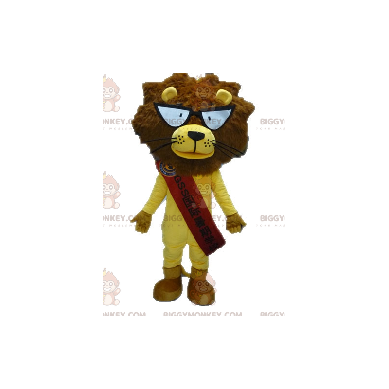 BIGGYMONKEY™ mascottekostuum gele en bruine leeuw met bril - BIGGYMONKEY™ mascottekostuum gele en bruine leeuw met bril -