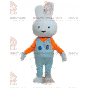 BIGGYMONKEY™ White Rabbit Mascot Costume With Blue Overalls -