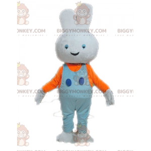 Traje de mascote de coelho branco BIGGYMONKEY™ com macacão azul