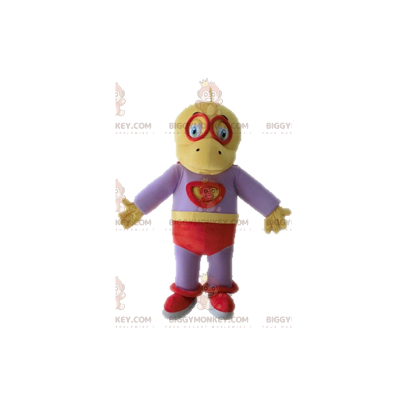  BIGGYMONKEY™ Costume da mascotte Dinosauro giallo e viola vestito da supereroe - Mascotte di dinosauri - BiggyMonkey.com
