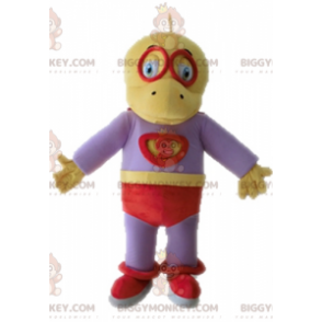  BIGGYMONKEY™ Costume da mascotte Dinosauro giallo e viola vestito da supereroe - Mascotte di dinosauri - BiggyMonkey.com