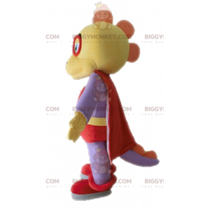 BIGGYMONKEY™ maskottiasu, keltainen ja violetti dinosaurus pukeutunut supersankariksi - Dinosaurusten maskotit - BiggyMonkey.com