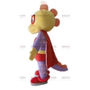  BIGGYMONKEY™ Costume da mascotte Dinosauro giallo e viola vestito da supereroe - Mascotte di dinosauri - BiggyMonkey.com