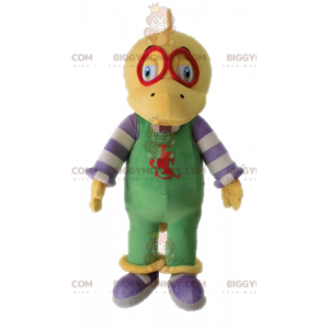 BIGGYMONKEY™ Geel dinosaurusmascottekostuum gekleed in overall
