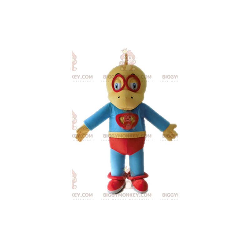 Disfraz de mascota BIGGYMONKEY™ Dinosaurio amarillo y azul Disfraz de mascota BIGGYMONKEY™ Dinosaurio amarillo y azul