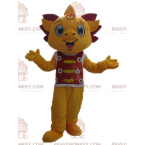 Gele en rode draak BIGGYMONKEY™ mascottekostuum. Glimlachend