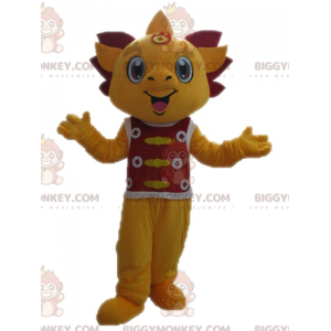 Yellow and Red Dragon BIGGYMONKEY™ Mascot Costume. Smiling