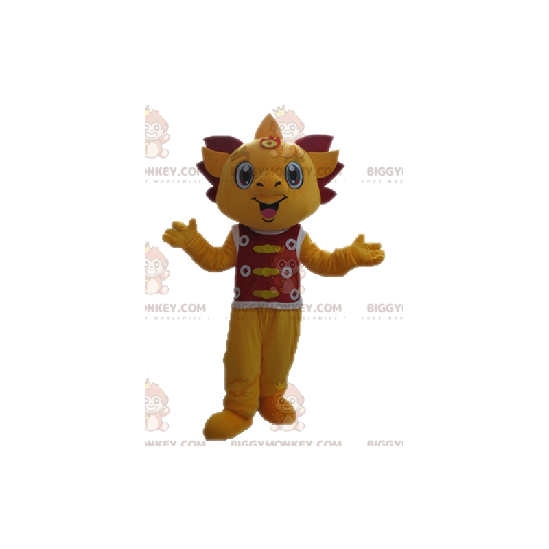 Costume de mascotte BIGGYMONKEY™ de dragon jaune et rouge. Costume de mascotte BIGGYMONKEY™ de dragon jaune et rouge.