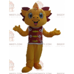 Costume de mascotte BIGGYMONKEY™ de dragon jaune et rouge.