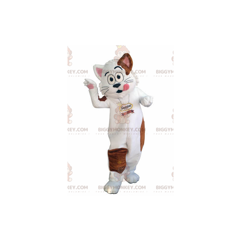 Valkoinen ja ruskea kissan BIGGYMONKEY™ maskottiasu. Ahne Valkoinen ja ruskea kissan BIGGYMONKEY™ maskottiasu. Ahne