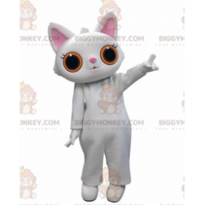 Traje de mascote de gato branco com grandes olhos laranjas